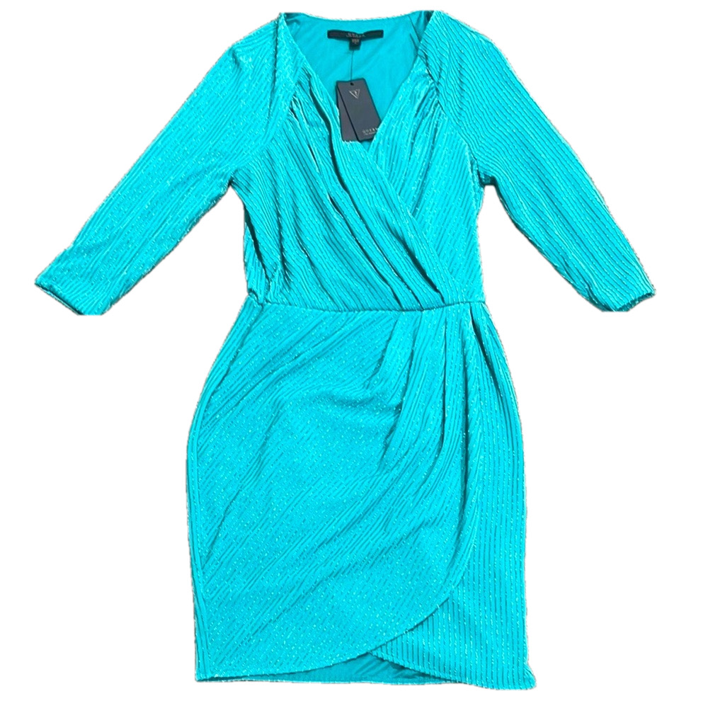 GUESS Metallic Tiffany Blue Ruched Wrap Mini Dress Prom Party Small $98 Retail - Picture 13 of 17